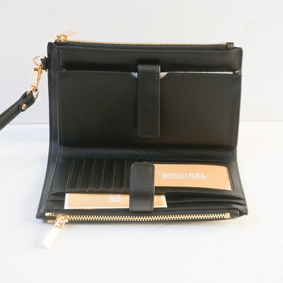 Michael Kors Jet Set Travel Graphic Logo Double Zip Wristlet MK Brown Black - Picture 6 of 8